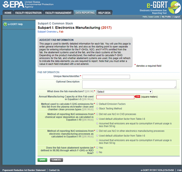 Subpart I: Electronics Manufacturing webpage highlighting the "annual manufacturing capacity at this fab used in equation 1-5.